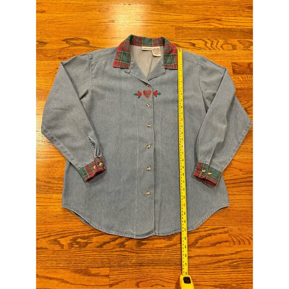 VTG Cabin Creek Women's L Denim Button Up Heart Roses Embroidery Cottage Core - Picture 9 of 10